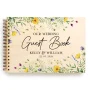 Yellow wildflower wedding guest book with UV colour-printed wooden cover, personalised with couple names
