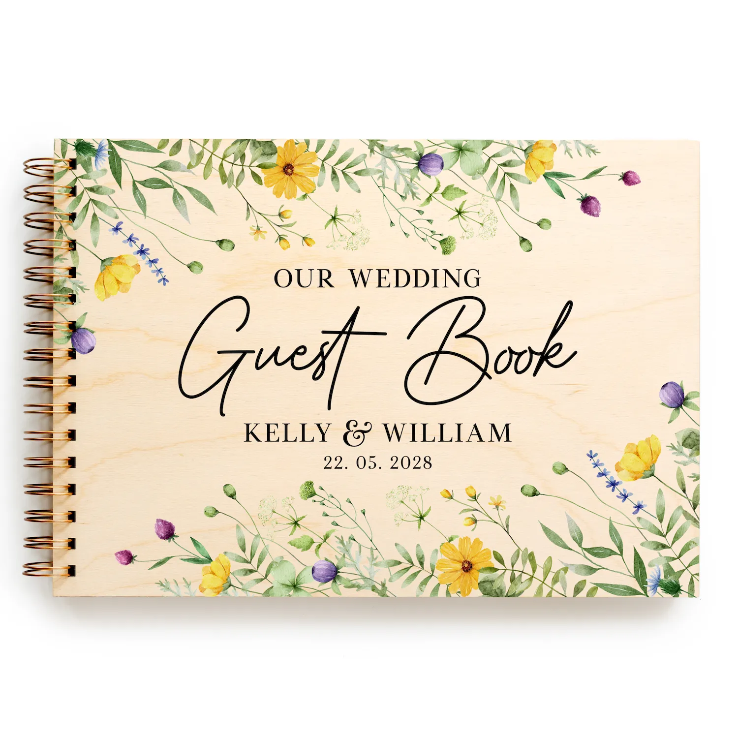 Yellow wildflower wedding guest book with UV colour-printed wooden cover, personalised with couple names