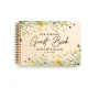 Yellow wildflower wooden guest book open showing A5 size lined internal pages with spiral wire binding