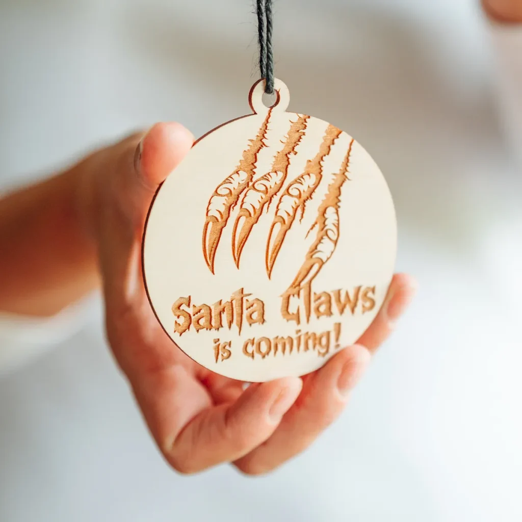 Hand holding a wooden Santa Claws is coming horror Christmas bauble with claw marks and black string