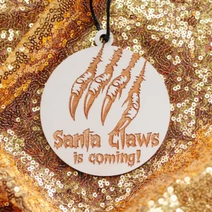 Santa Claws is coming engraved wooden gothic Christmas bauble on gold sequin fabric