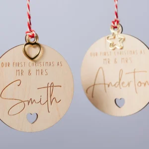 Home 6 Two personalised Our First Christmas as Mr & Mrs baubles, Smith with a gold heart charm and Anderton with a gold star charm